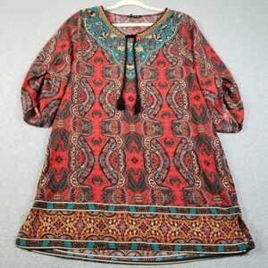 NLW Tunic Dress Women Large Paisley Boho Peasant 3/4 Sleeve Tassel‎ Artsy Summer